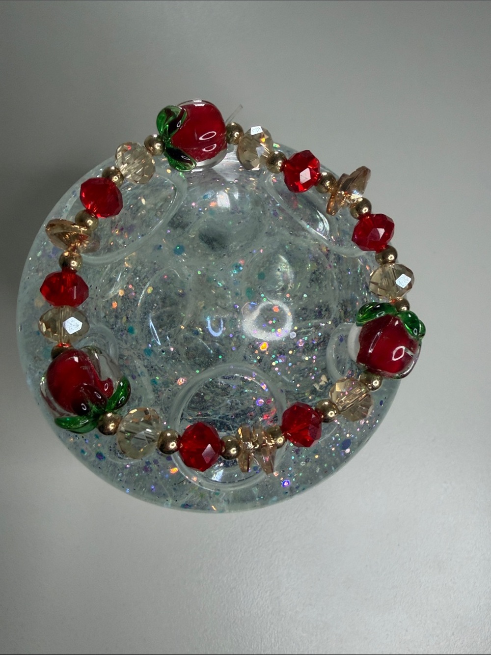 Glass Apple Bead Stretch Bracelet - Red & Gold